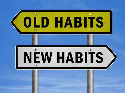 There is a yellow sign going left that says old habits, and there is a right sign that points to the right that says new habits. The background is a blue sky.