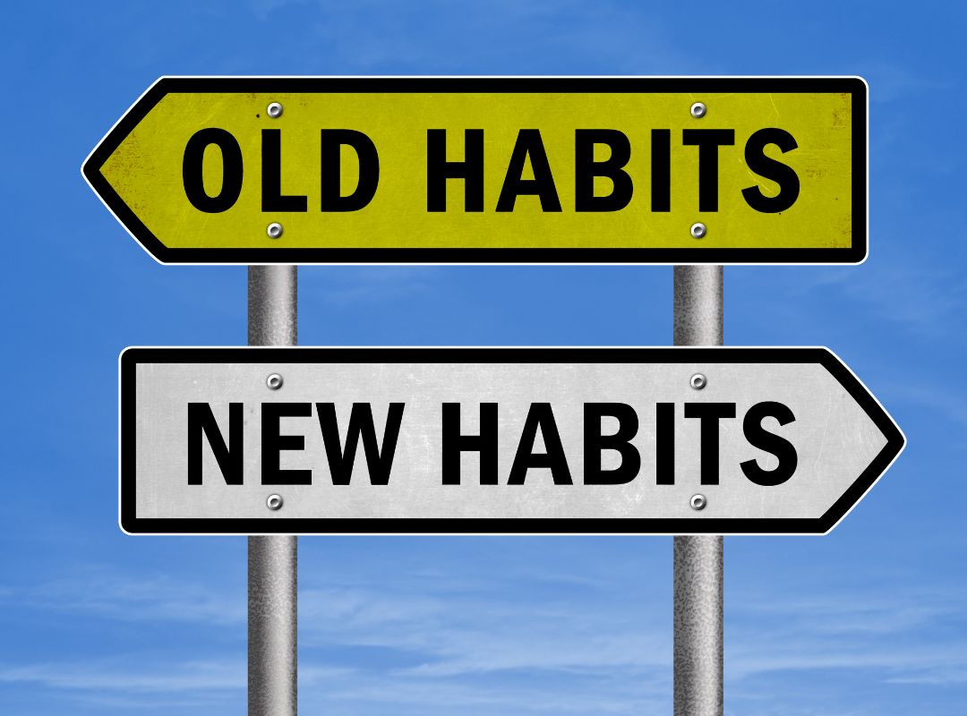 There is a yellow sign going left that says old habits, and there is a right sign that points to the right that says new habits. The background is a blue sky.