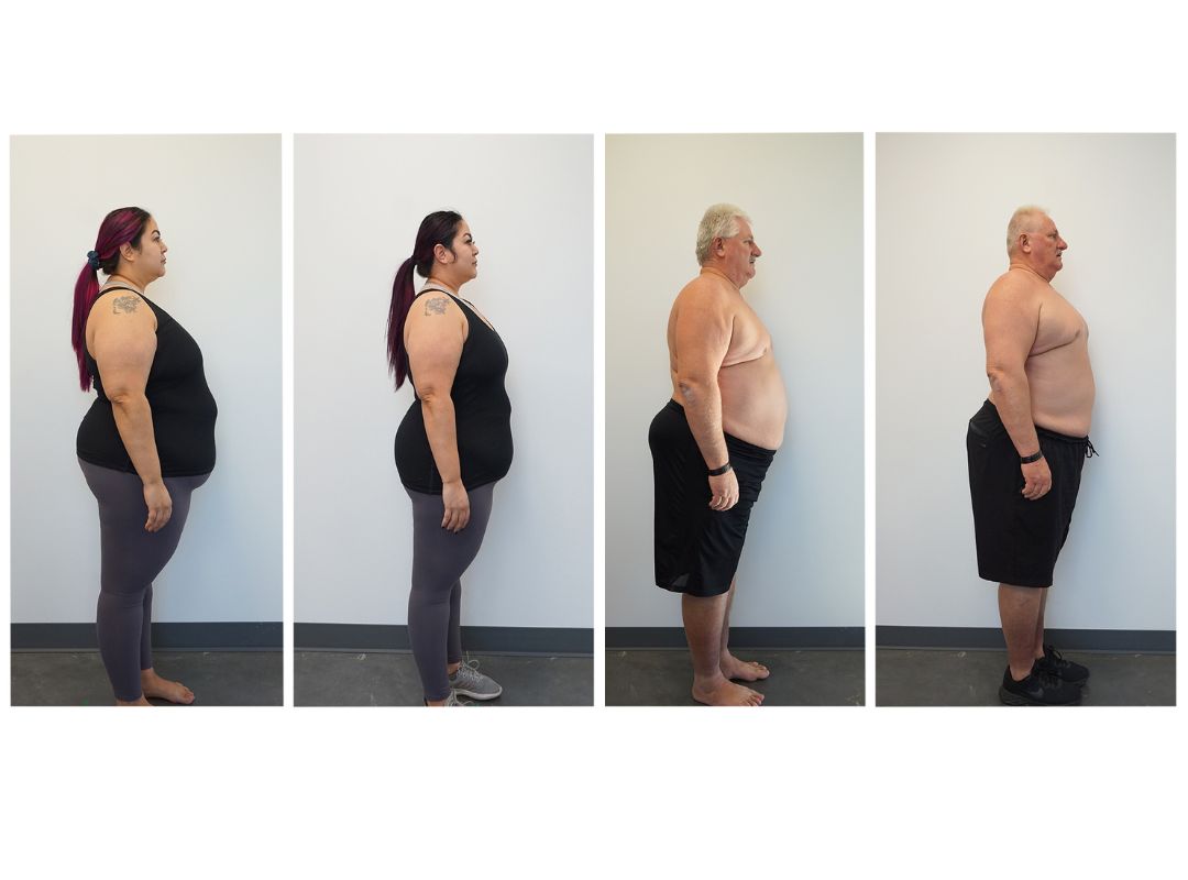 There is a before and after photo of a woman in a black top and grey leggings. There is also a before and after of a middle aged man in black shorts.