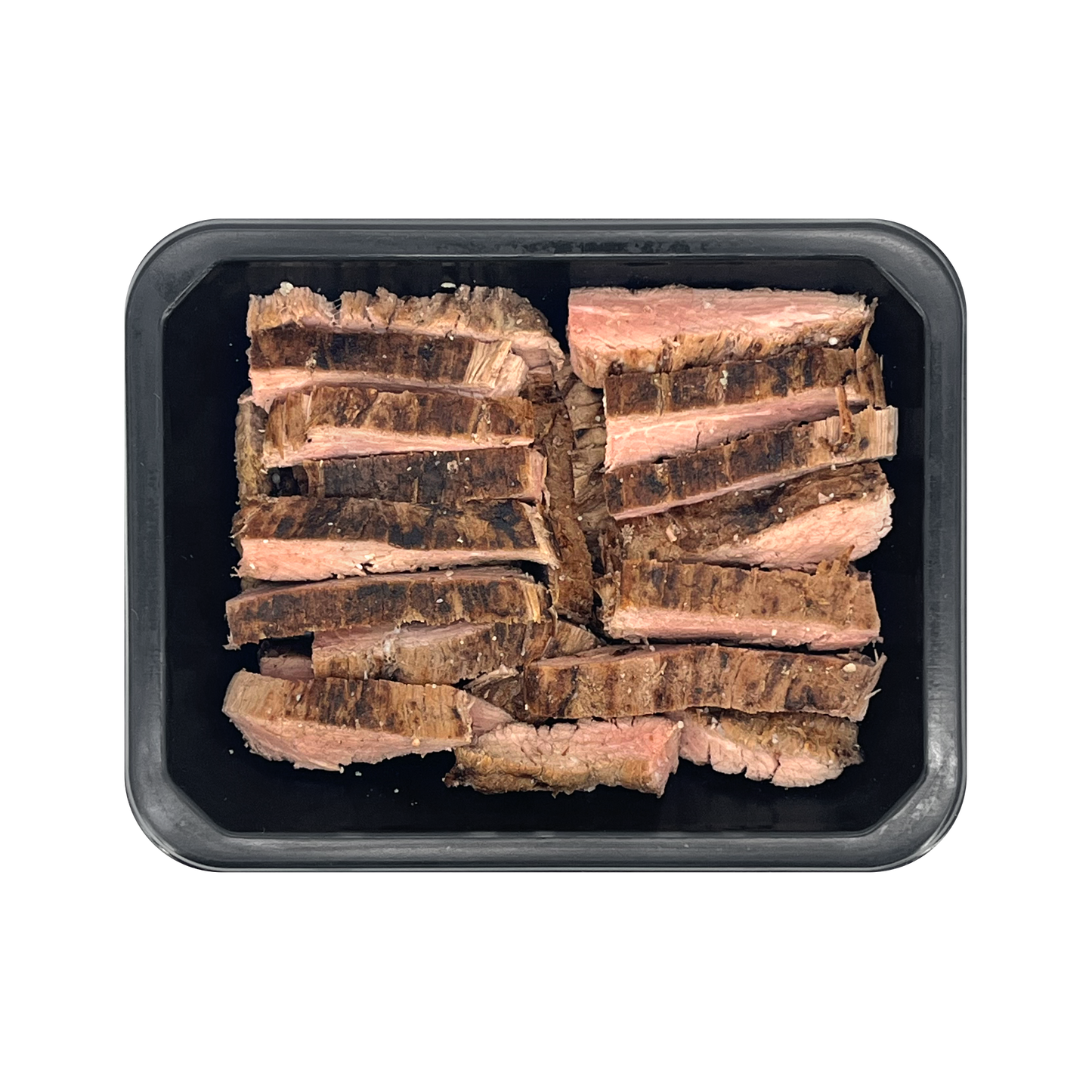Sliced beef in a black plastic container on a white background