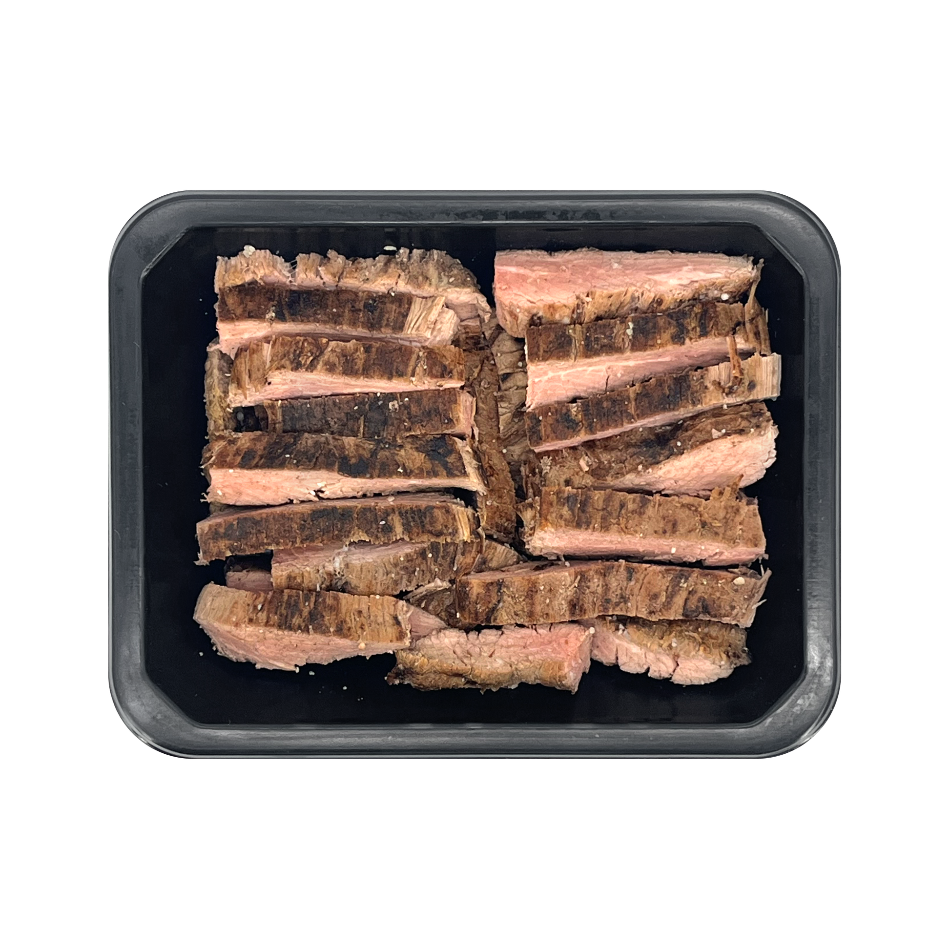 Sliced beef in a black plastic container on a white background